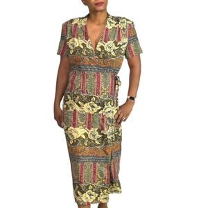 Vintage Wrap Dress Red Baroque Printed Column Midi 90s Rayon Floral Size Medium